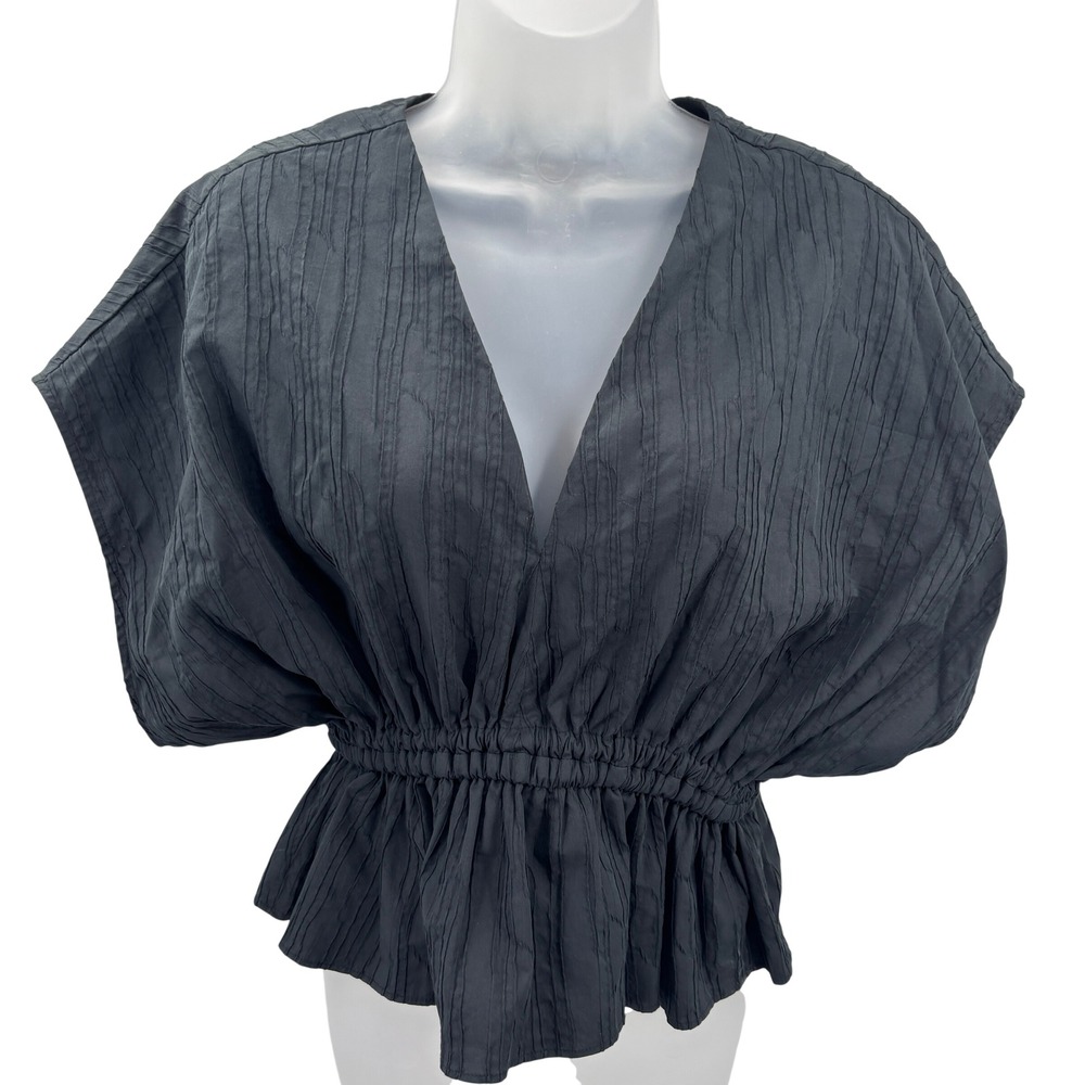 NWT Marie Oliver Black Crushed Pleated V-Neck Smocked Peplum Blouse Top Womens S